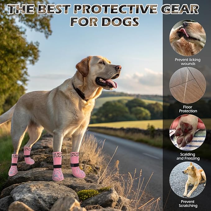 EXPAWLORER Dog Socks for Hot Pavement to Prevent Licking Paws, Anti Slip Doggie Grippy Booties Shoes for Hardwood Floors, Boots & Paw Protectors for Small Medium Large Senior Dogs Pink M