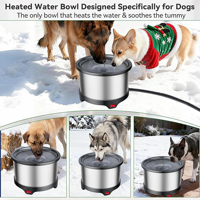 Twinsing 6.5L Heated Water Bowl, Stainless Steel Outdoor Heated Dog Bowl with Anti-Chew Cord, Large Capacity Heated Pet Slow Drinking Dish Provide Warm Water in Winter for Dogs