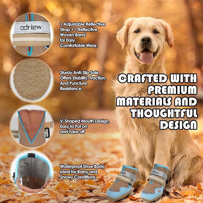 ODRIEW Dog Shoes Large Size Dogs, 4PCS Breathable Mesh Dog Boots & Paw Protectors for Hot Pavement, Small Shoes for Dogs with Reflective Strip, Anti-Slip Sole for Outdoor Walking Hiking. (Khaki, 6)