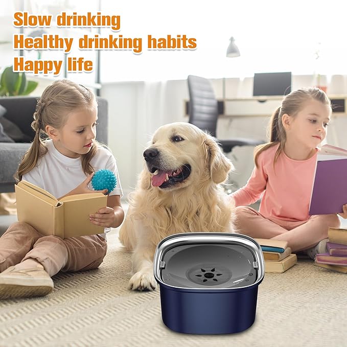 Decflow 3L Dog Water Bowl Stainless Steel Slow Drinking Dog Bowl with Lid, No Spill Water Bowl for Large Dogs Splash Proof Vehicle Carried Travel Pet Water Bowl Dispenser for Messy Drinkers, Deep Blue