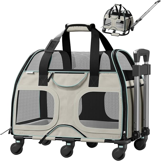 Rolling Pet Carrier with Removable 6 Wheels & Double Telescopic Handle Soft Sided for Airline Approved Dog & Cat Carrier Bag (White/Blue)