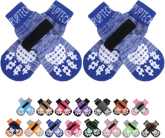 PUPTECK Anti-Slip Dog Socks with Double Sides Grips for Small Medium Large Dogs Hardwood Floors Prevents Licking, Dog Shoes for Hot Pavement Traction Control for Senior Dogs, Royal Blue, S