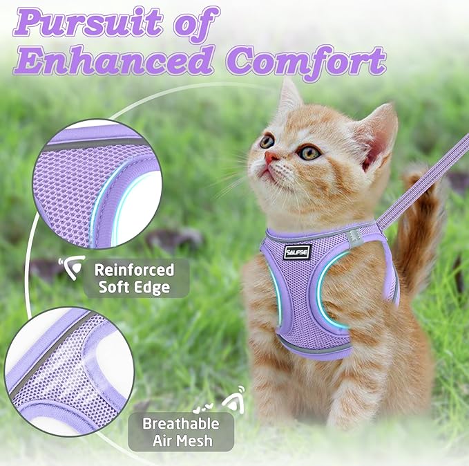 Cat Harness and Leash for Walking Escape Proof, Adjustable Kitten Vest Harness Reflective Soft Mesh Puppy Harness for Outdoor, Comfort Fit, Easy to Control (Purple, L)