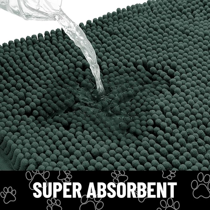 Smiry Dog Door Mat for Muddy Paws, Absorbent Dirt Trapper Non Slip Quick Dry Washable Chenille Mat for Mud Dogs, Entry Rug for Indoor and Outdoor (40x32 Inches, Green and White)