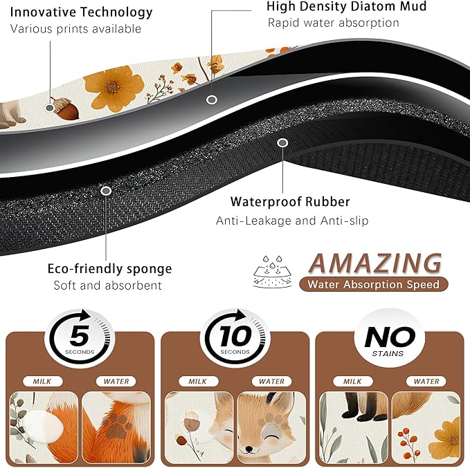 Fox Hedgehog Rabbit Forest Dog Cat Food Mat,Absorbent Pet Feeding Mat with Rubber Backing,Non-Slip Water Bowl Placemat,Indoor Pet Accessories Supplies 12"x20"