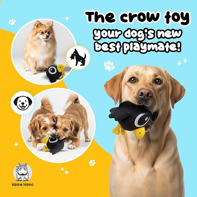 HIPPIE HIPPO Squeaky Dog Toy for Small & Medium Dogs – Cute Black Crow Plush Dog Toy – Soft Stuffed Animal Puppy Toy with Squeaker for Interactive Play, Safe Durable Plush Toy to Keep Pets Busy – 6.5"