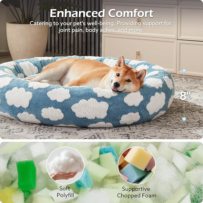 JOEJOY Donut Dog Bed Medium Size Dog, Cute Round Calming Pet Bed with Removable Washable Cover, Orthopedic Puppy Bed with Jacquard Shaggy Plush & Non Skid Bottom