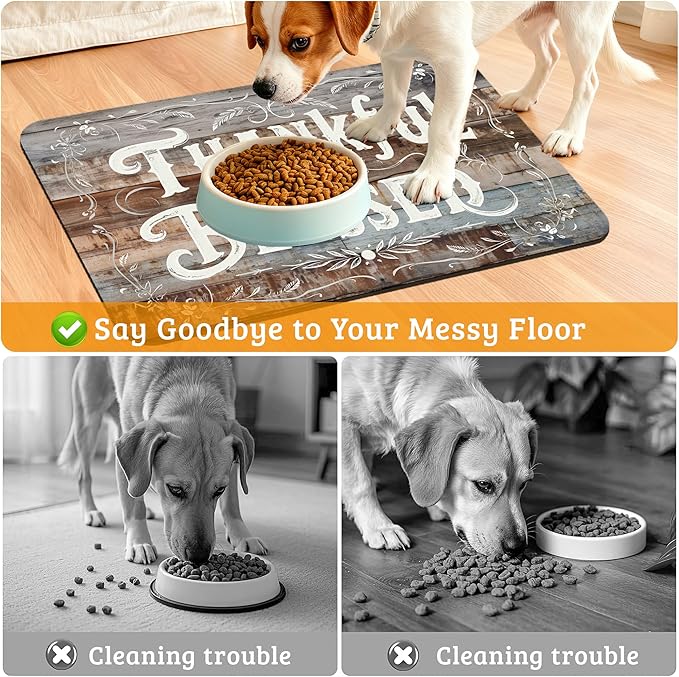 Thankful Feeding Mat,Blessed Absorbent Quick-Dry Cat Dog Food and Water Bowl Mats,Non-Slip Rubber Backing Mat,Cat Dog Accessories Supplies 12" x 20"