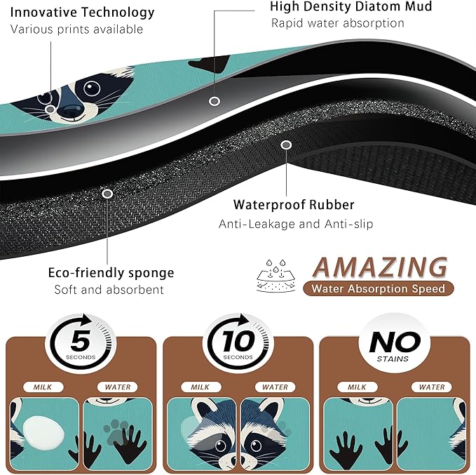 Cute Raccoon Dog Food Mat for Floors,Absorbent Pet Food and Water Bowl Mats,Non-Slip Pet Feeding Mat,Pet Supplies 12" x 20"