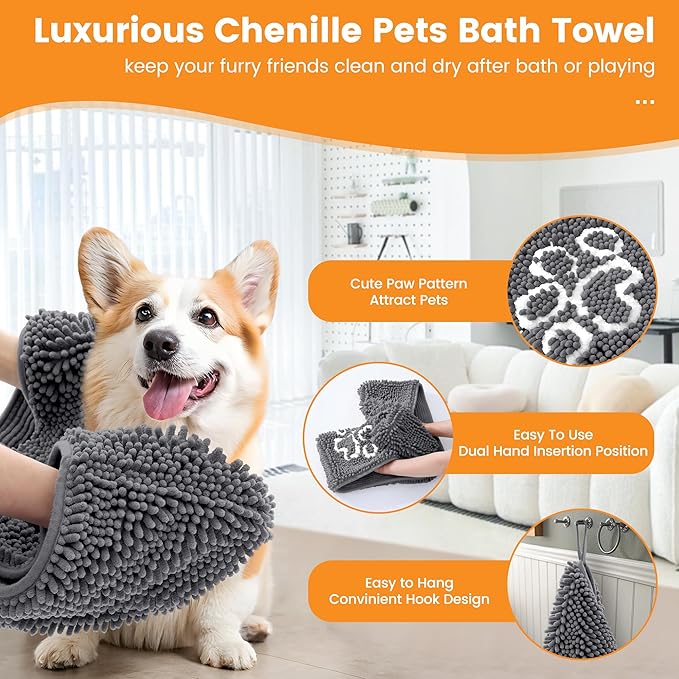 Smiry Chenille Dog Drying Towel, Extra Absorbent Bath Towel for Mud Dogs, Ultra Soft Quick Dry Pet Wash Mitt for Bathing, Grooming and Post-Walk Cleaning (31x13 Inches, Dark Grey)