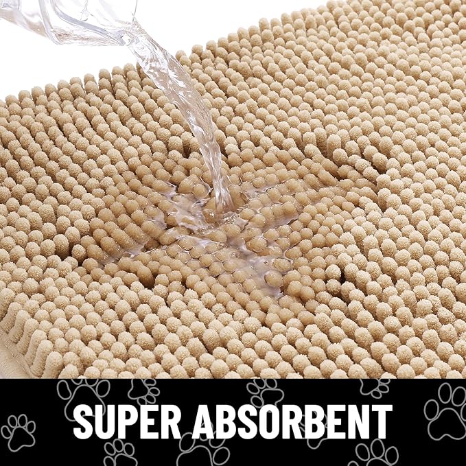Smiry Dog Door Mat for Muddy Paws, Absorbent Dirt Trapper Non Slip Quick Dry Washable Chenille Mat for Mud Dogs, Entry Rug for Indoor and Outdoor (24x16 Inches, Beige and White)