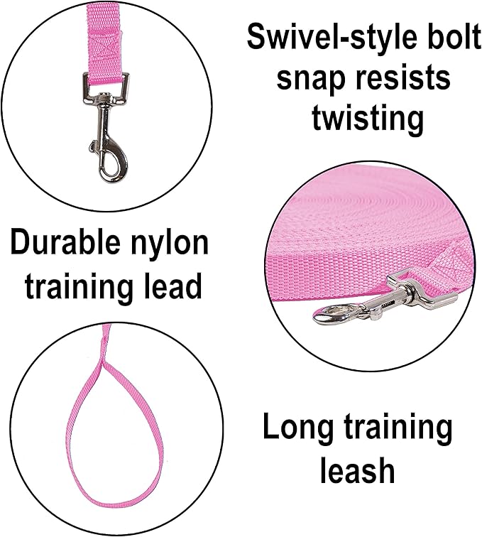 Hi Kiss Dog/Puppy Obedience Recall Training Agility Lead - 15ft 20ft 30ft 50ft 100ft Training Leash - Great for Training, Play, Camping, or Backyard - Pink 30ft