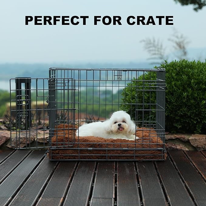 Bedfolks Waterproof Crate Bed, Plush Dog & Cat Kennel Pad with Removable Cover, Faux Fur, Washable, 21"x13", Solid Brown