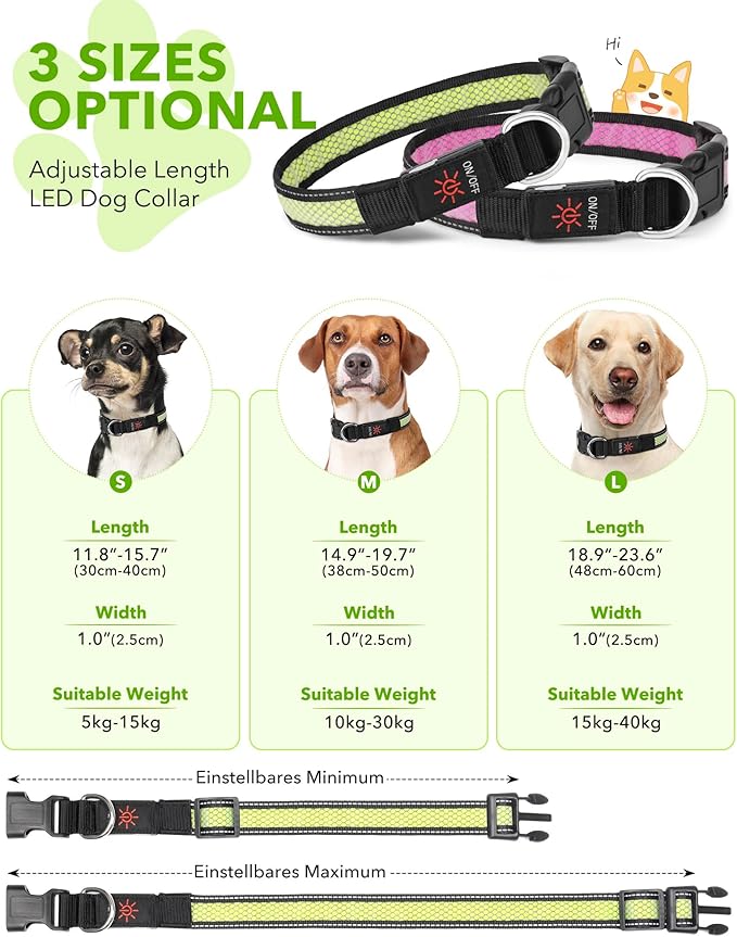 Weesiber Light Up Dog Collar - Glow in The Dark LED Dog Collar Rechargeable Reflective Pet Collar, Safety Doggy Lights for Night Walking(Green, L)
