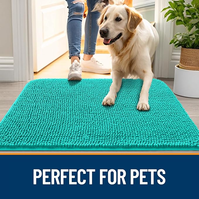 OLANLY Dog Door Mat for Muddy Paws 30x20, Absorbs Moisture and Dirt, Absorbent Non-Slip Washable Doormat, Quick Dry Chenille Mud Mat for Dogs, Entry Indoor Entryway Carpet for Inside Floor, Teal
