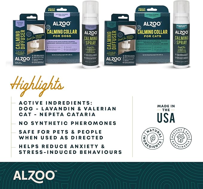 ALZOO Cat Calming Spray - Natural Plant Based Stress & Anxiety Relief, Valerian & Lavadin Blend, No Synthetic Pheromones, Stress and Anxiety Relief During Travel, Vet, Fireworks, Separation
