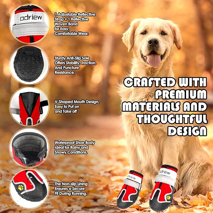 ODRIEW Dog Shoes Large Size Dogs, Medium Dog Booties-Dog Boots & Paw Protectors, 4PCS Small Shoes for Dogs with Reflective Strip, Anti-Slip Sole for Hot Pavement, Rain Snow Walking, Hiking. (Red, 5)