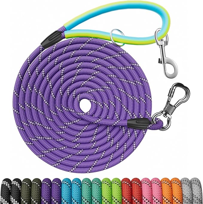NTR Dog Rope Leash, 20FT Recall Training Lead with 2 Swivel Hooks, Reflective Threads and Soft Rubber Handle, Puppy Leash for Walking, Hunting, Camping for Small Medium and Large Dogs-Purple