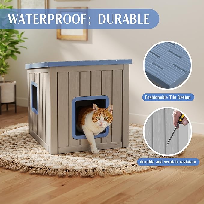 Cat House Outdoor Waterproof,Resin Cat Shelter Feral,Easy to Clean Durable Slanted Top,Cat Bed for Cats and Easy to Assemble (Blue, 24.65 * 21.5 * 22.21in)
