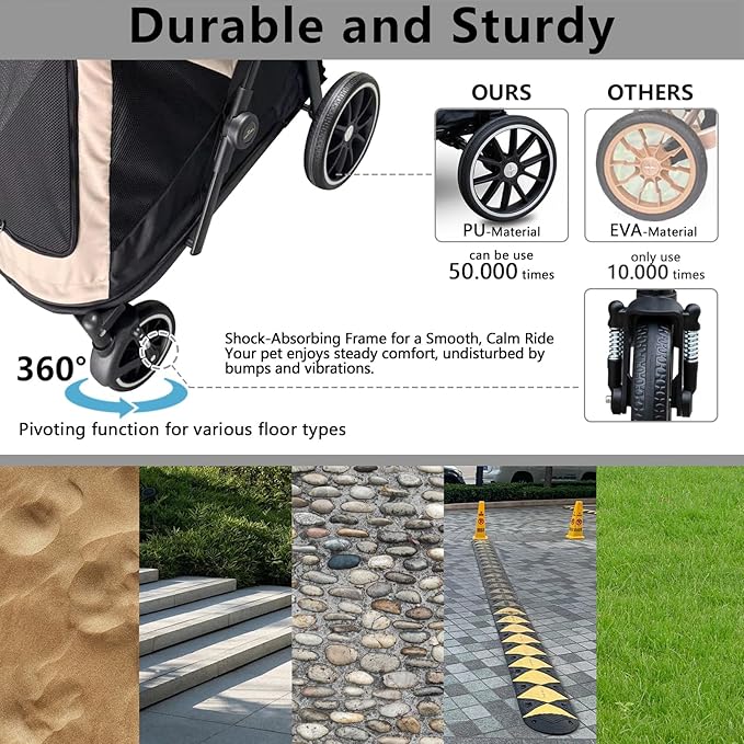 Dog Stroller for Large Dogs up to 50kg One-Button-Collapsing Cat Stroller for 2 Large Cats 360° Wear-Resistant Rubber Wheels Mesh Windows. (Khaki, 39"x24"x31.5")