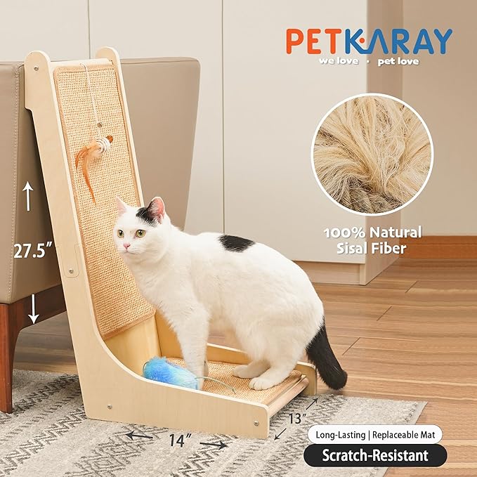 PETKARAY 105° Cat Scratcher, Sisal Kitty Scratch Pad, L Shape Scratching Board for Indoor Cats, Floor Mounted Scratcher with Mouse Toy Catnip, Chevron Style