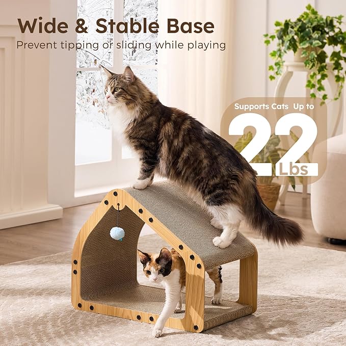 20'' Cardboard Cat Scratcher House - Large Cat Scratching Board with Balls, Cat Lounger as Tunnel for Indoor Cats and Kittens, Safe & Secure, Brown