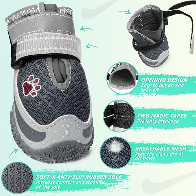 SlowTon Dog Shoes for Large Dogs - Mesh Breathable Dog Boots for Hot Pavement Summer Winter Snow, Anti-Slip Reflective Dog Booties Paw Protector for Outdoor Walking, Indoor Hardfloors(Grey,8)