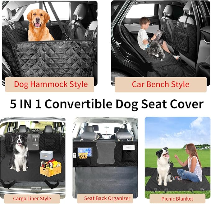 Dog Car Seat Cover for Back Seat, Dog Hammock for Car, Waterproof Backseat Cover for Dogs in Car SUV & Truck, with Mesh Window and Multiple Pockets
