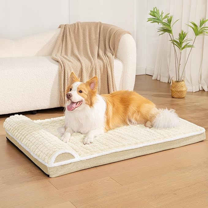 Orthopedic XL Dog Bed Large Sized Dog with Pillow 48''X30'', Waterproof Soft Comfortable Egg Crate Foam Pet Crate Beds Mat with Removable Washable Cover and Non-Slip Bottom, Cream