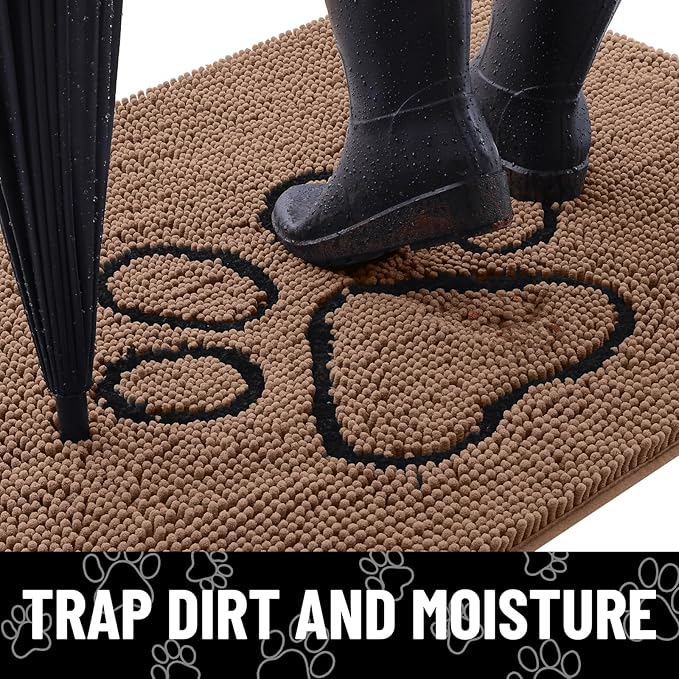 Smiry Dog Door Mat for Muddy Paws, Absorbent Dirt Trapper Non Slip Quick Dry Washable Chenille Mat for Mud Dogs, Entry Rug for Indoor and Outdoor (36x24 Inches, Coffee and Black)