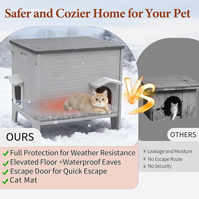 Deblue Cat House Outdoor with Cat Mat Large Weatherpoof Plastic Cats Houses with Escape Door Indoor Waterproof Feral/Pet Cat Shelter Outside for Multiple Cats (Grey)