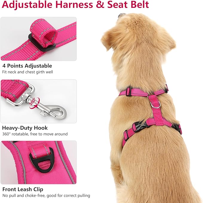VavoPaw Dog Seat Belt Harness for Car, Dog Car Harness Adjustable Mesh Breathable & Dog Seatbelt Safety Tether with Elastic Bungee for Small Medium Large Pets(Rose, M)