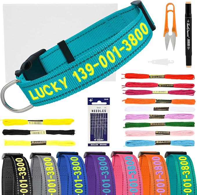 DIY Personalized Embroidered Dog Collar - Custom Hand-Stitched Name & Number, Reflective Adjustable Pet Collar for Small/Medium/Large Dogs & Cats, Durable Nylon with Steel D-Ring (Teal, Small)