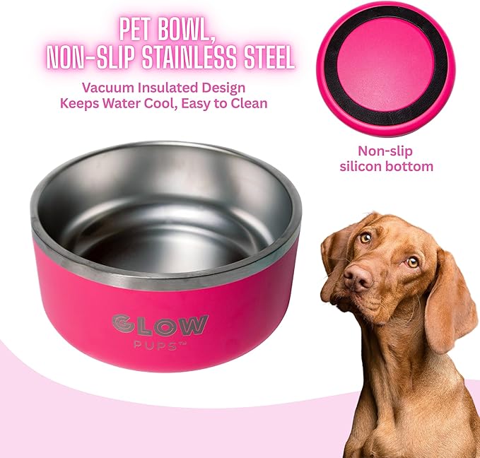 Glow Pups Bright Pink Dog Bowl for Small Dogs, 32 oz Non Slip Stainless Steel Pet Bowl, Vacuum Insulated Pet Bowl That Keeps Water Cool (32 oz, Bright Pink)