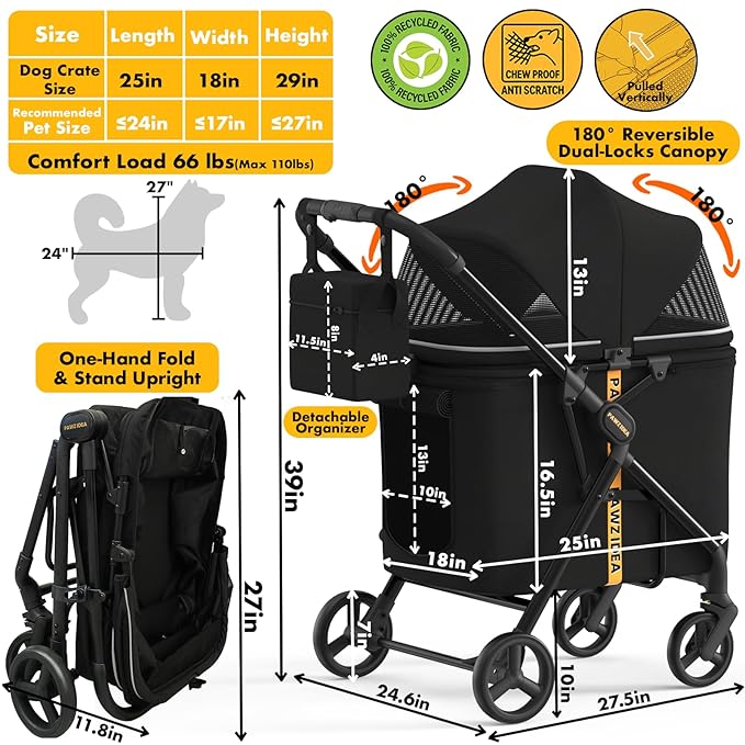 PAWZIDEA Dog Stroller for Large Dogs, Heavy Duty Pet Stroller for 2 Medium or Small Dogs Cats Up to 66lbs, No-Zip 180° Reversible Canopy Lockable, One-Hand Foldable Jogger 7" Wheels, Storage Organizer