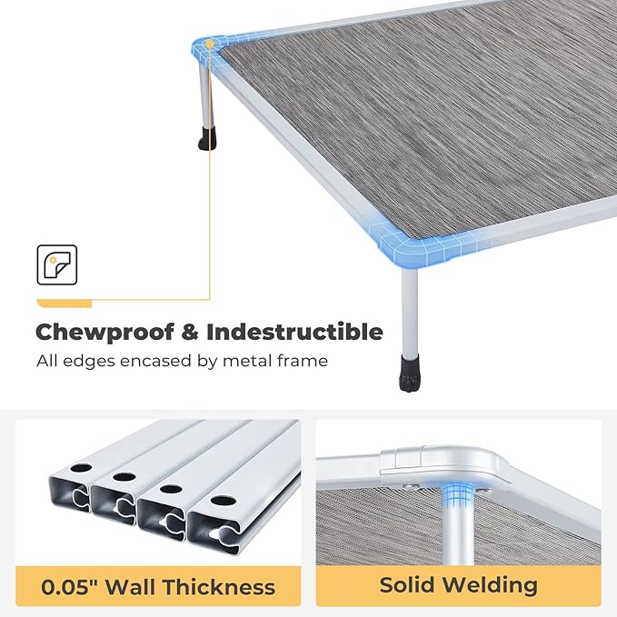 Veehoo Chewproof Elevated Dog Bed - Cooling Raised Pet Cot, Breathable Mesh, Washable & Non-Slip for large Dogs, Indoor/Outdoor, Black Silver Mat and Silver Metal Frame, 42x30inches (Model CWC2203B03)