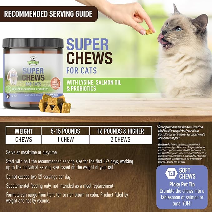 Strawfield Pets Super Chews for Cats - Lysine, Probiotics, Omega 3 Fish Oil (Salmon Oil), Catnip - Supports Immune, Gut, Skin & Joint Health - Hickory Bacon Salmon & Liver Flavor 120 Softchews