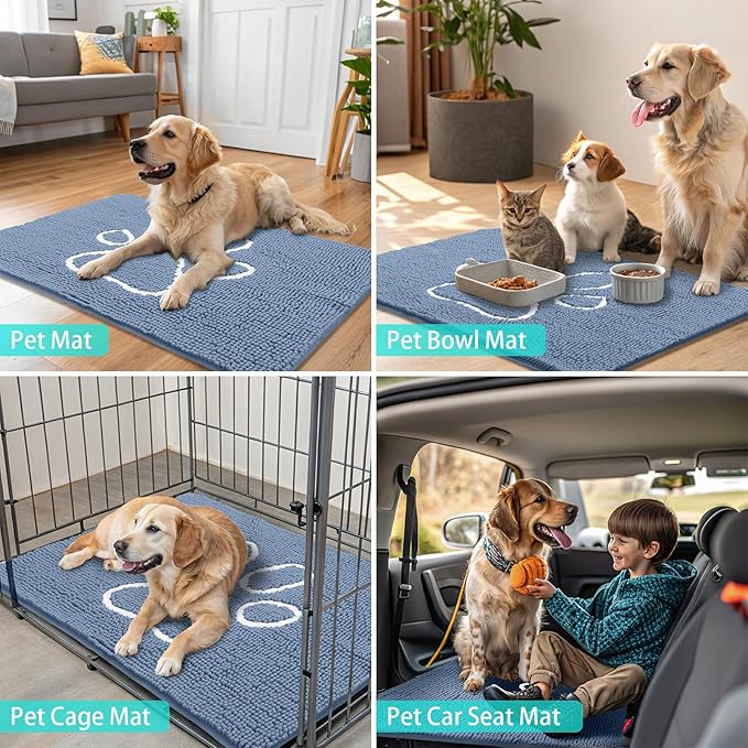 Smiry Dog Door Mat for Muddy Paws, Absorbent Dirt Trapper Non Slip Quick Dry Washable Chenille Mat for Mud Dogs, Entry Rug for Indoor and Outdoor (47x24 Inches, Airy Blue and White)