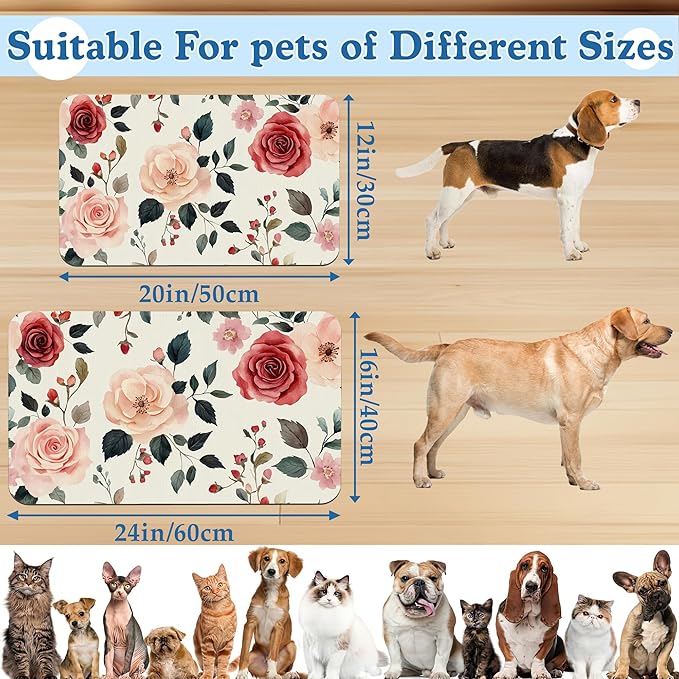 Pink Flower Leaf Pet Feeding Mat–Christmas Stocking Quick Dry Absorbent Dog Cat Food Mat, Non Slip Waterproof Bowl Placemat for Messy Eaters, Pet Accessories for Floors 12"x20"