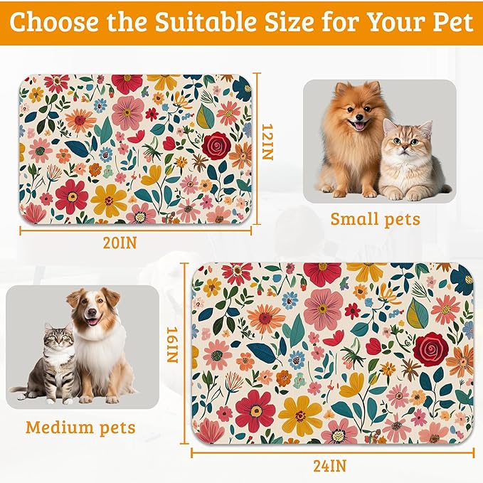 Colorful Flower Feeding Mat,Groovy Wildflowers Absorbent Quick-Dry Cat Dog Food and Water Bowl Mats,Non-Slip Rubber Backing Mat,Cat Dog Accessories Supplies 16" x 24"