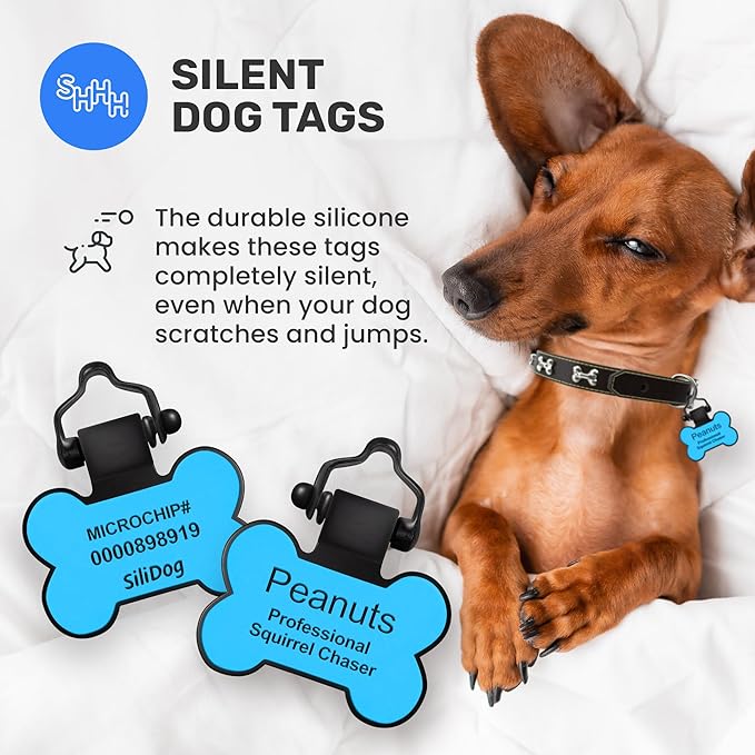 SiliDog - The Original Silicone Silent Dog Tag - Personalized Engraved Soundless Pet ID - As Seen On Shark Tank - Durable - Never Fades - Bone - Blue