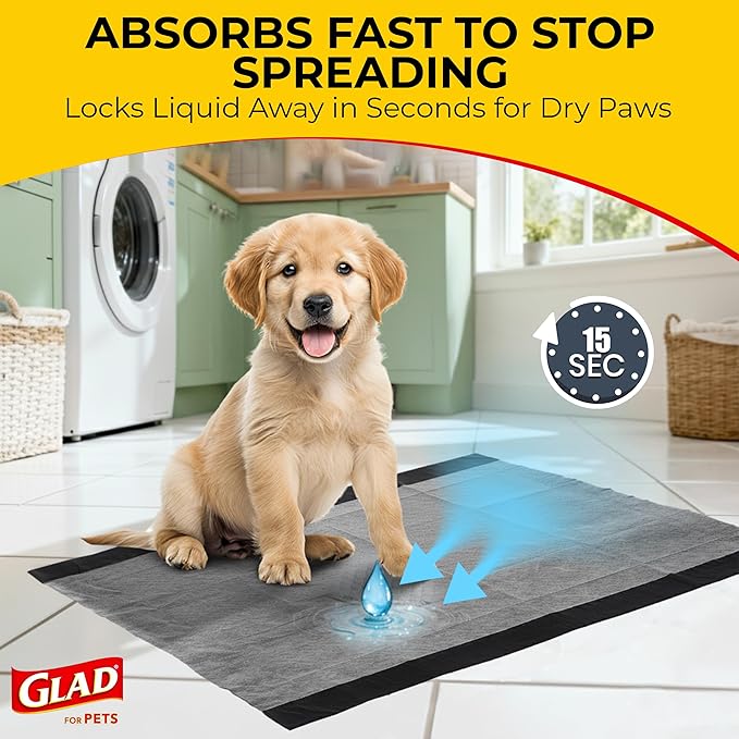 Glad for Pets JUMBO-SIZE/XL Charcoal Puppy Pads, All-in-One | Black Training Pads That ABSORB & Neutralize Urine Instantly | New & Improved Quality, 50 Count - 4 Pack