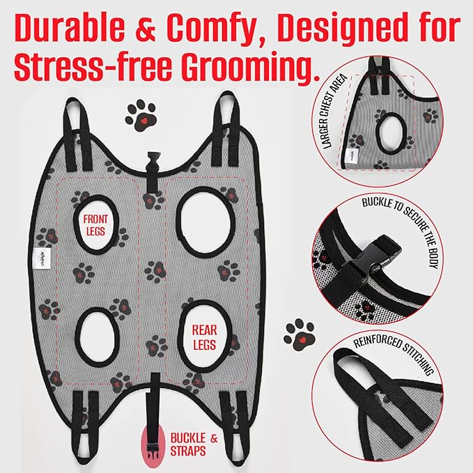 Dog Grooming Hammock for XXL Dogs–Pet Restraint for Nail Trimming with Pet Nail Clipper–Dog Sling for Grooming, Pet Hammock for Nail Cutting & Grooming Harness (Legs Spacing: 16.14-27.14”/Max W:120lb)