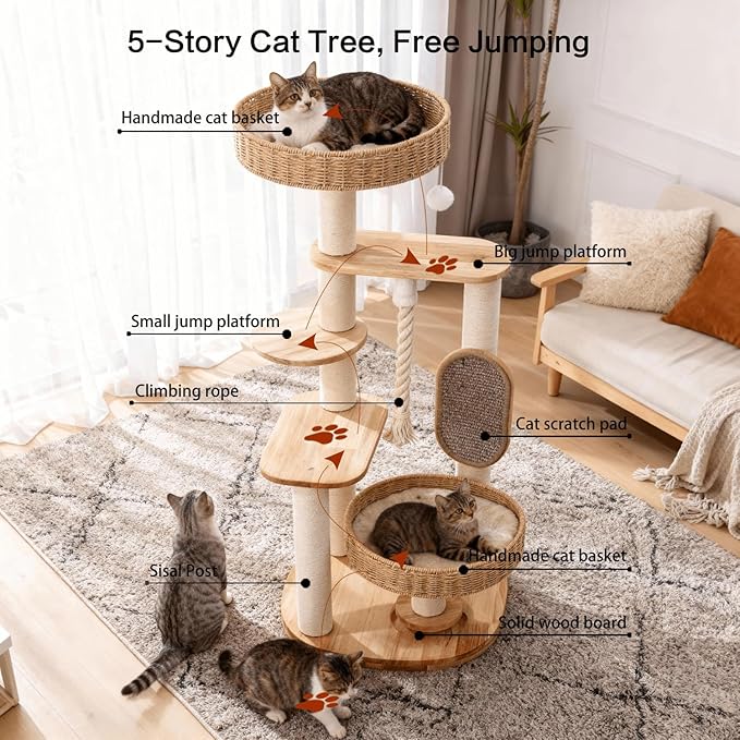 Wooden Cat Tree for Large Cat, Tall Cat Tower with Scratching Post for Indoor Cats, Multi-Level Cat Condo with Hand-Woven Cat Bed and Scratching Board Easy to Clean (48IN)