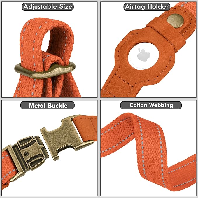 Reflective Leather Dog Collar with AirTag Holder - Soft Apple Airtag Dog Collar with Metal Buckle - Safety Cotton Pet Collars for Dogs Small Large Dogs Puppy (Orange, M, 14"-18")