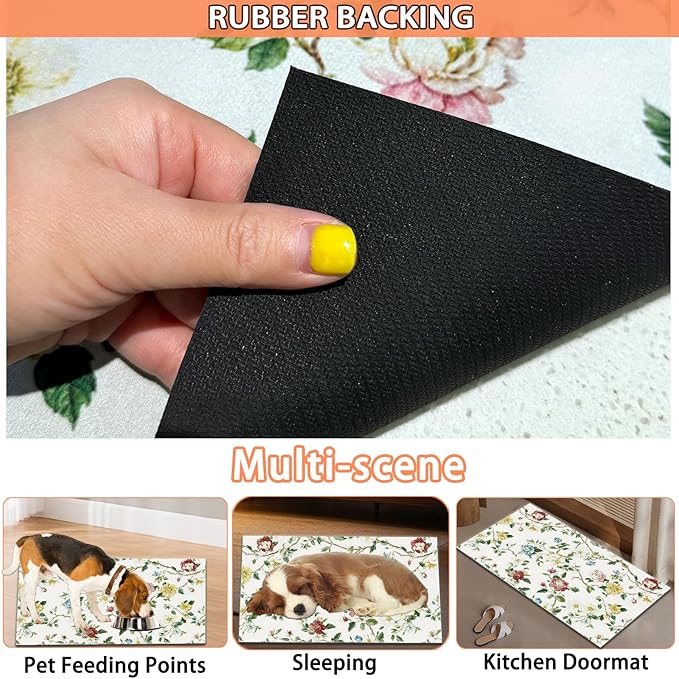Pet Feeding Mat for Dogs and Cats - Super Absorbent Anti-Slip Bowl Pad, Eco-Friendly Washable Mat to Prevent Spills and Mess Floral Mat 12"x20"