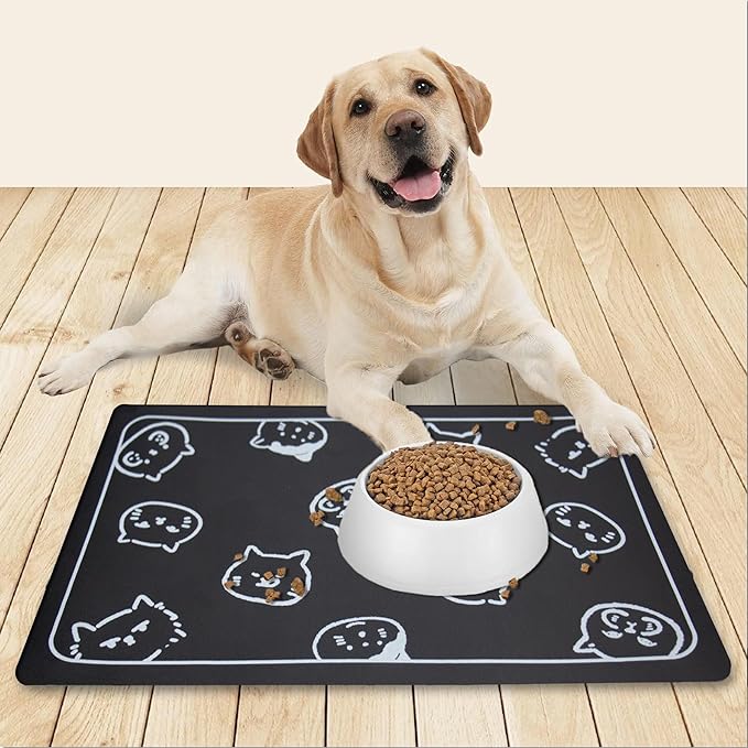 YCT Cat Food Mat for Pet Dogs - Non-Slip Super Absorbent, with Multiple Cat Heads Logo, 18.1 x 11.8 Inches, Black