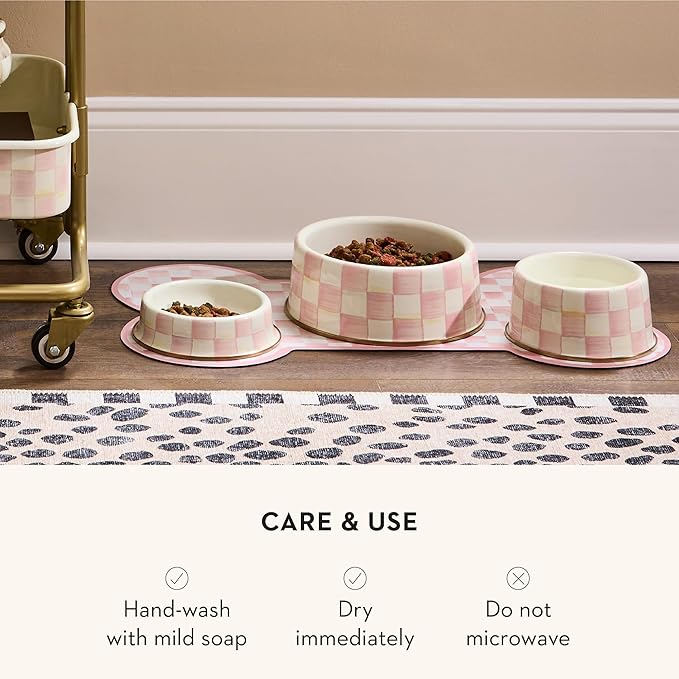 MACKENZIE-CHILDS Enamel Pet Bowl, Cute Cat and Dog Bowl for Food and Water, Small, Pink-and-White Rosy Check