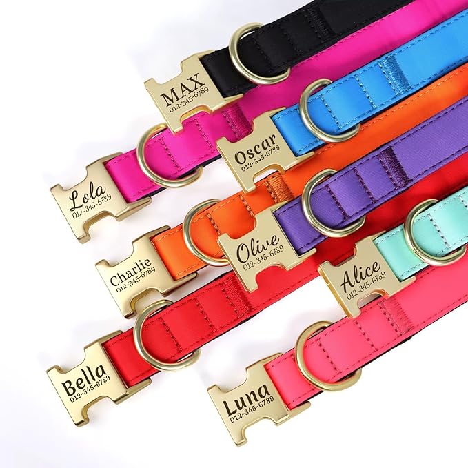PET ARTIST Personalized Dog Collars, Colorful Red Custom Dog Collar with Silent Engraved ID Tag, Lightweight Breathable Nylon & Soft Padded, Matching Leash & Poop Bag for Large Dogs,L Fit 15-23"