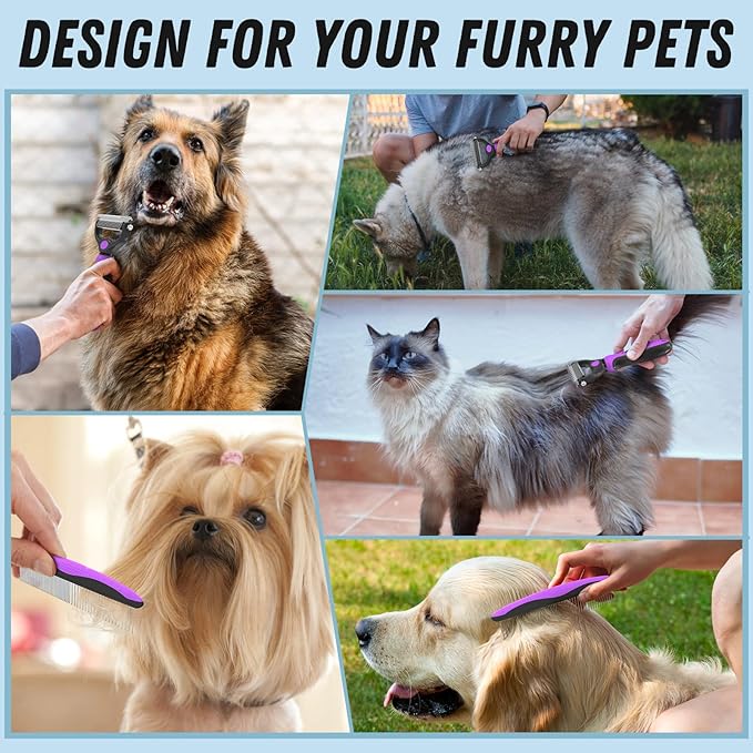 Pet Grooming Brush and Metal Comb Combo - Undercoat Rake for Dematting and Deshedding Long Matted Haired Dogs and Cats, Purple